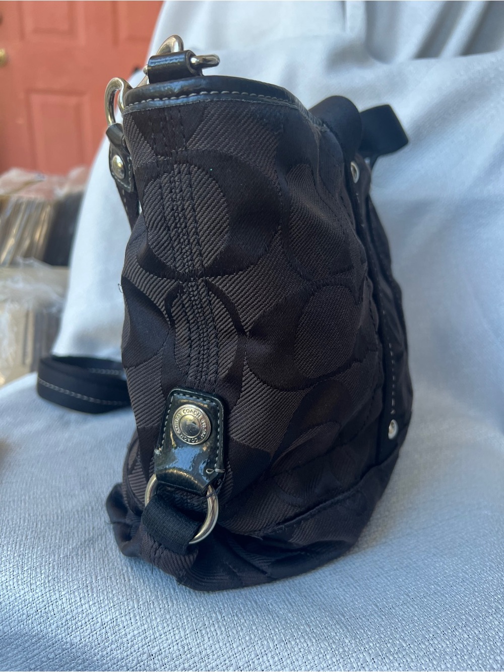 Coach Black Signature Tote with Purple Flower Charm - Picture 12 of 16